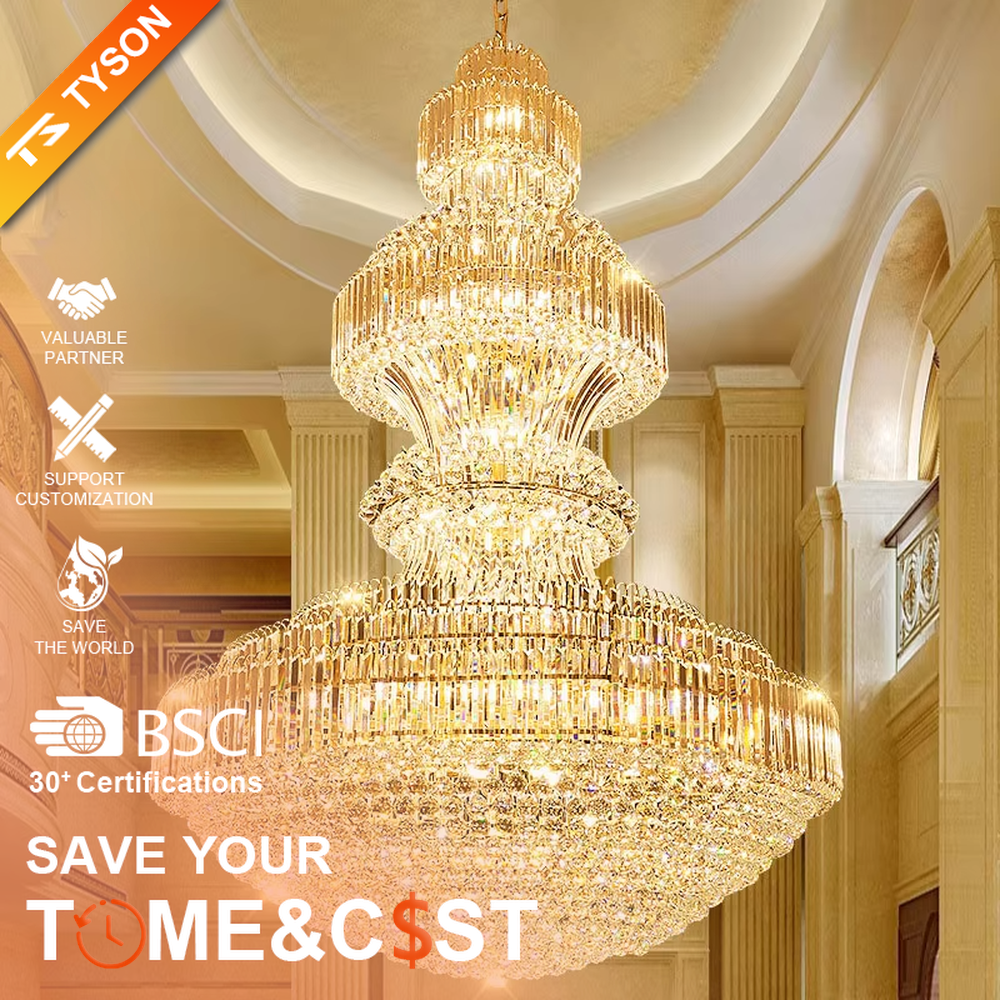 Multi-tiered golden crystal chandelier, with cascading crystal pendants and a gold metal frame, providing brilliant and luxurious light, designed to create a high-end and grand space atmosphere, suitable for engineering scenarios such as hotel lobbies, high-ceiling villa living rooms, and large banquet halls