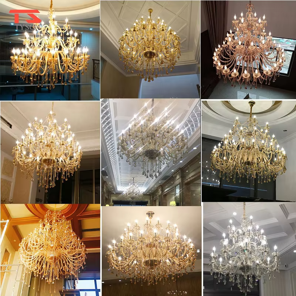 European palace-style luxury multi-layer crystal chandelier, featuring a gold-plated metal frame paired with transparent crystal pendants and candlestick-shaped lamp heads. It emits brilliant and dazzling light, combining artistic decorativeness and lighting function, suitable for core decoration and main lighting in large high-end spaces such as villa living rooms, hotel lobbies, and banquet halls.