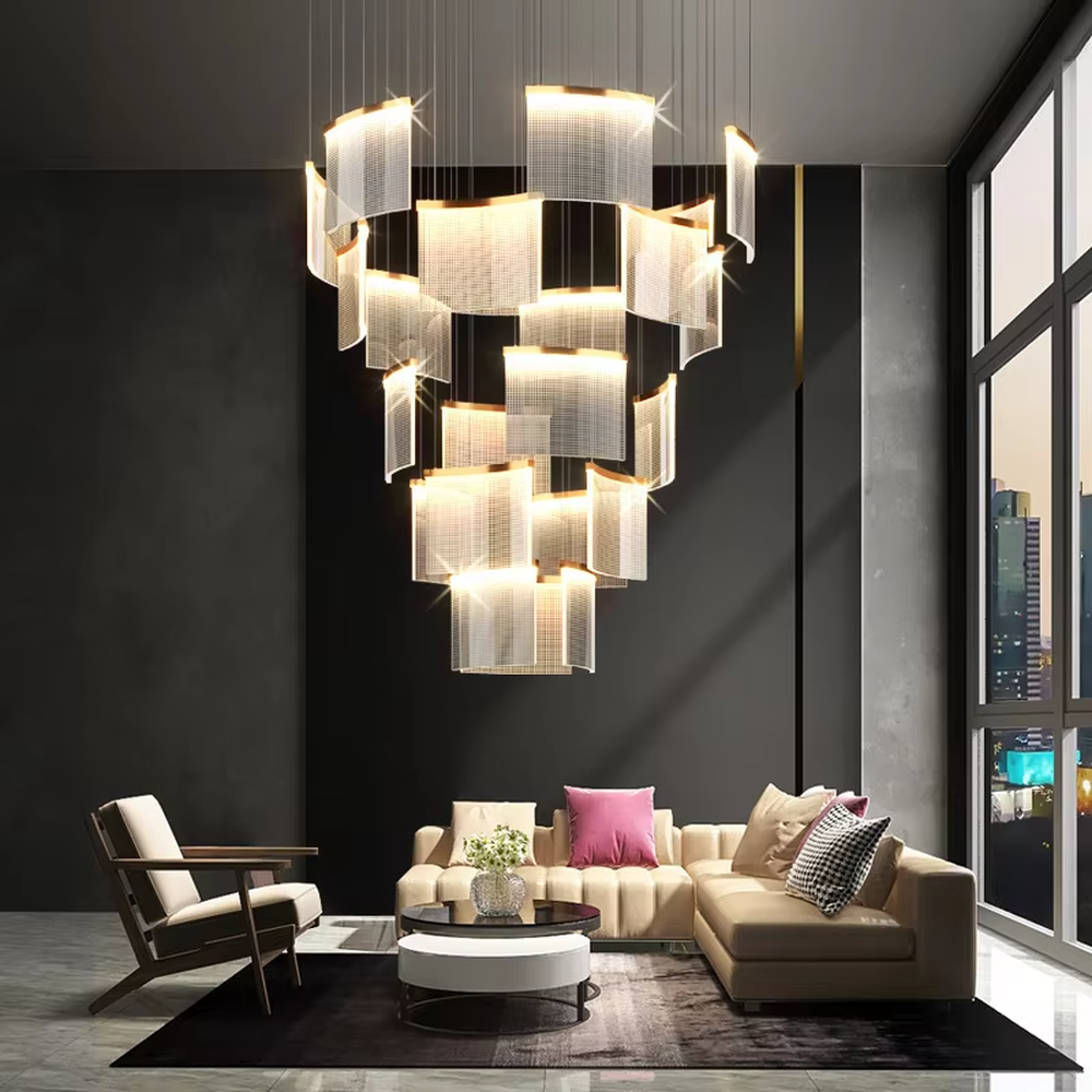 Modern light luxury multi-layer staggered rectangular cascading chandelier, with gold metal frames paired with semi-transparent textured lampshades, in a stacked floating shape, emitting soft and even light, combining artistic decorativeness and lighting function, suitable for core lighting and atmosphere creation in high-ceiling spaces such as duplex stairs, high-ceiling living rooms, and high-end clubs.