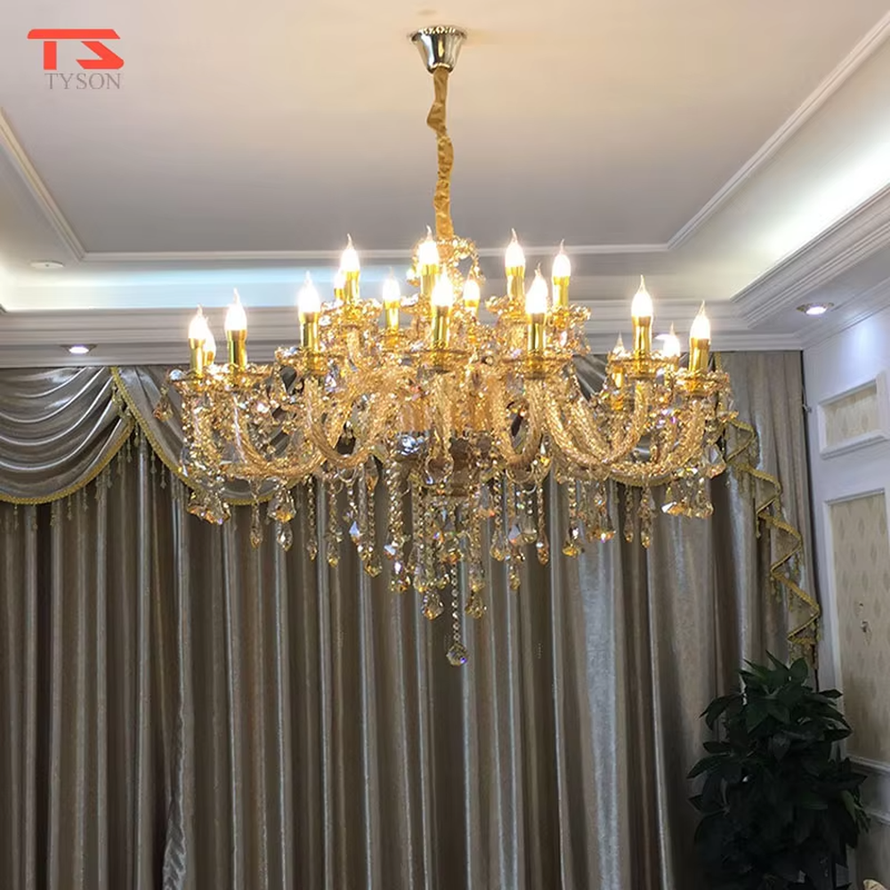 European palace-style luxury multi-layer crystal chandelier, featuring a gold-plated metal frame paired with transparent crystal pendants and candlestick-shaped lamp heads. It emits brilliant and dazzling light, combining artistic decorativeness and lighting function, suitable for core decoration and main lighting in large high-end spaces such as villa living rooms, hotel lobbies, and banquet halls.