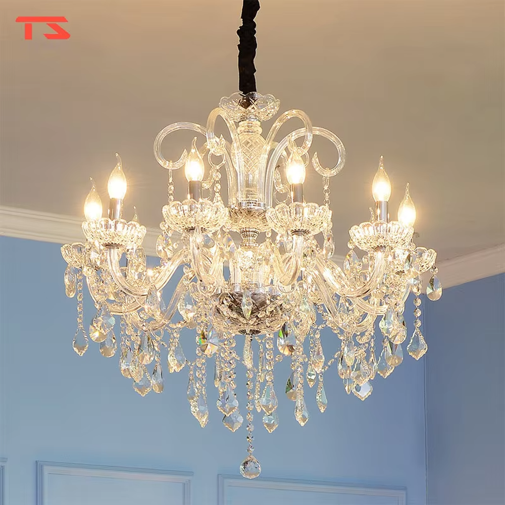 This is an European-style luxurious crystal chandelier, featuring a candle-shaped frame crafted entirely from crystal, paired with hanging crystal pendants. It emits brilliant and gorgeous light, serving both lighting and decorative purposes, suitable for villa living rooms, European-style dining rooms, hotel suites, banquet halls and other scenarios.