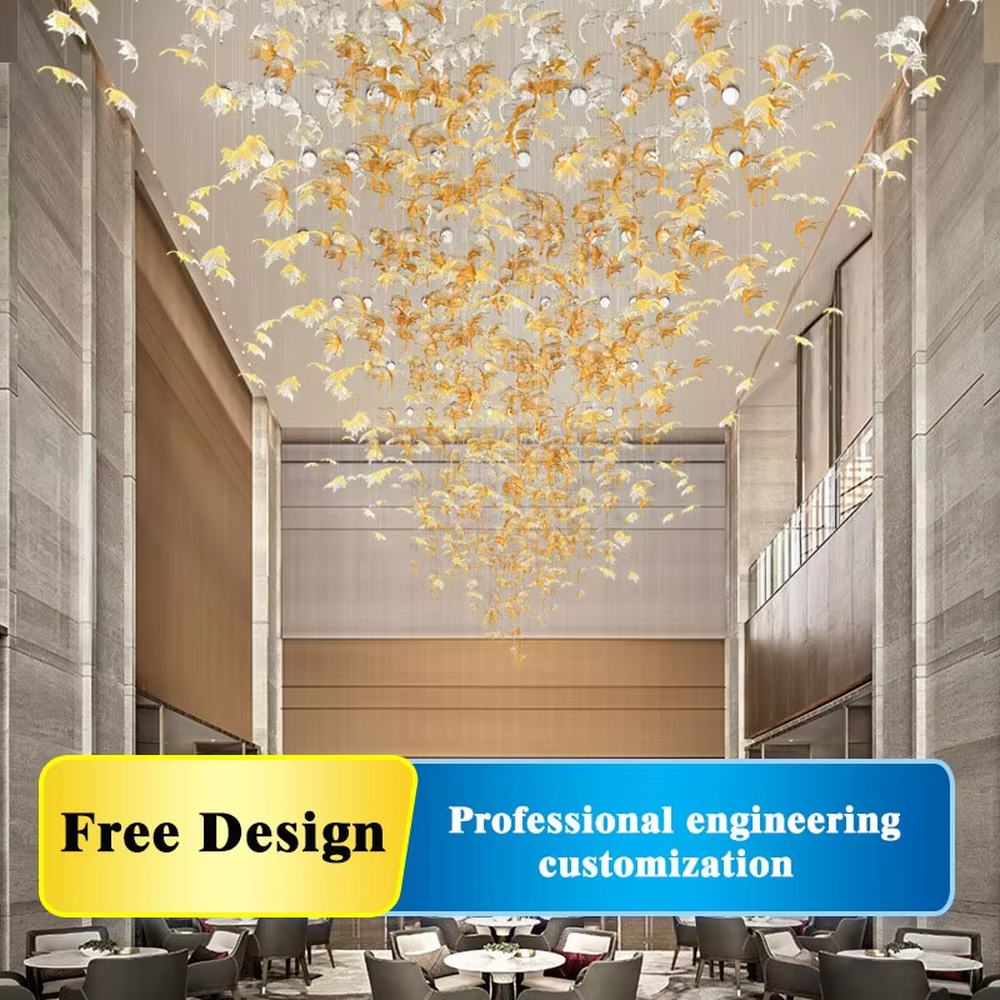 Modern art large chandelier, with leaf-shaped glass/acrylic in white to yellow-orange gradient as the main body, hanging in a suspended staggered manner, emitting transparent and brilliant light, combining artistic decorativeness and lighting function, suitable for core decoration and main lighting in large high-end spaces such as hotel lobbies, high-end clubs, and sales offices.
