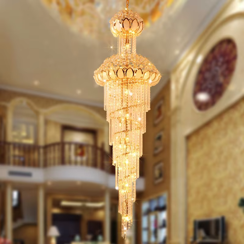 Multi-tiered lotus-top golden crystal chandelier, gold metal frame with dense crystal strips hanging to create a tower structure, lotus-shaped top, brilliant and luxurious light, designed to create a high-end atmosphere in high-ceiling spaces, suitable for engineering scenarios such as villa duplexes, hotel lobbies, and club atriums