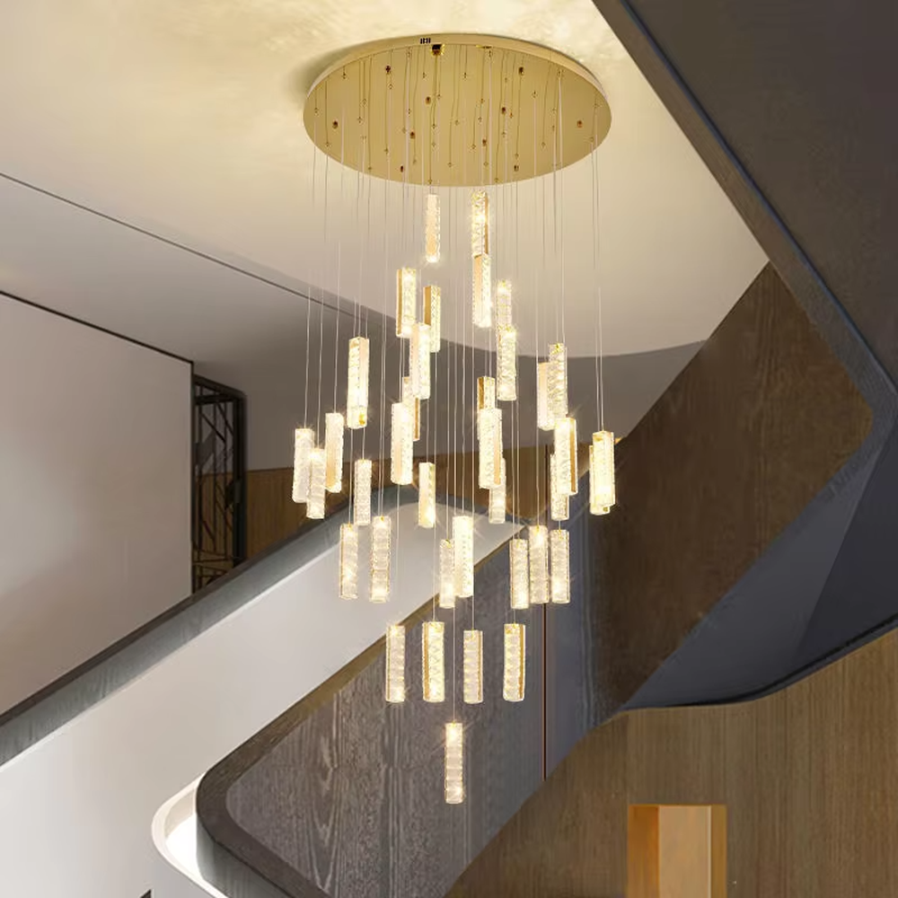 Modern light luxury crystal cylindrical multi-head cascading chandelier, with multiple groups of luminous crystal cylindrical lamp heads hanging staggered, emitting soft and transparent light, combining artistic decorativeness and lighting function, suitable for core lighting and atmosphere creation in high-ceiling spaces such as duplex stairs, villa hollow areas, and high-ceiling living rooms.