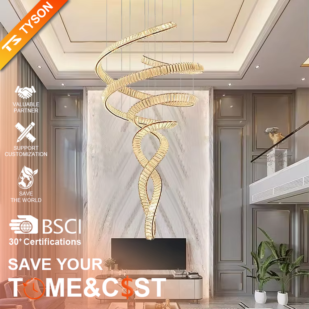 This is a light luxury artistic streamlined chandelier, featuring a dynamic spiral twisted shape crafted from gold light-emitting strips, as rhythmic as flowing ribbons, serving both lighting and artistic decoration purposes, suitable for high-ceiling spaces such as villa high-ceiling living rooms, duplex voids, hotel lobbies, and spiral staircases.