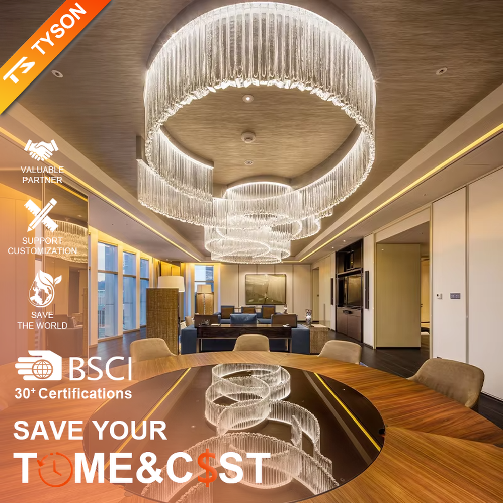 Light luxury ring gradient crystal strip engineering chandelier, transparent crystal strips hanging to create a multi-layer nested ring shape, with transparent and brilliant light, designed to enhance the luxurious atmosphere of high-end spaces, suitable for high-ceiling engineering scenarios such as hotel lobbies, club reception halls, and high-end showrooms