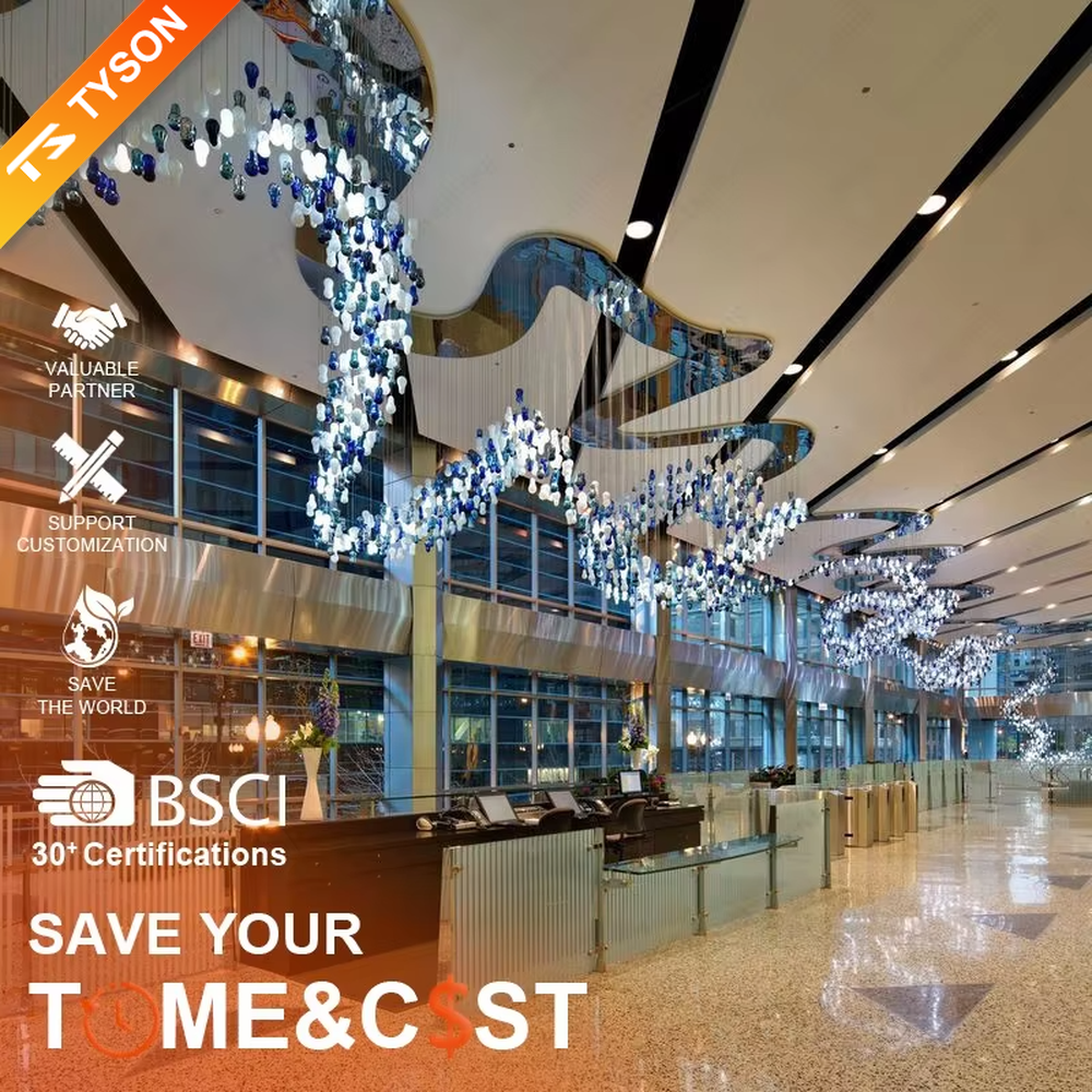 Art blue-white glass bead spiral chandelier (gradient color beads + curved shape), warm light effect, creating a dynamic artistic atmosphere for high-end public spaces.