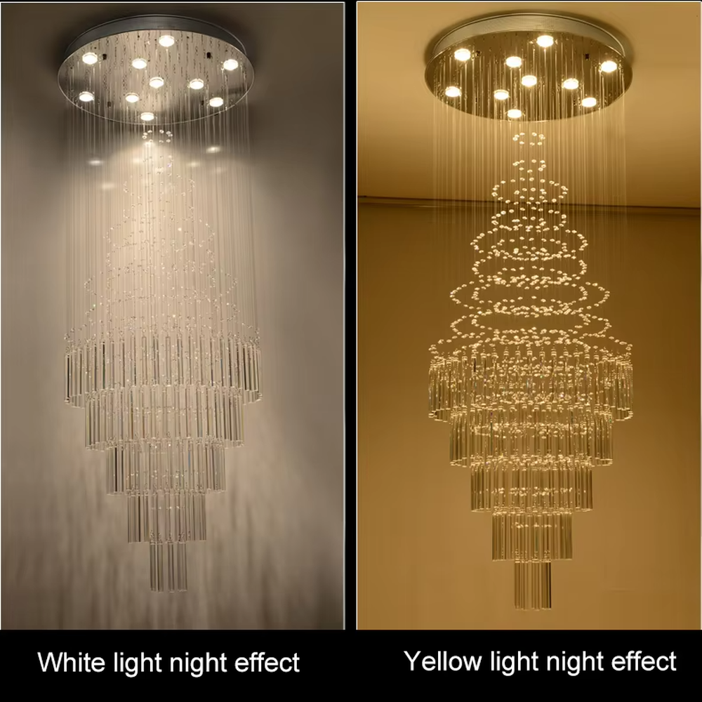 European luxury waterfall-style crystal chandelier, composed of multi-layer crystal columns and particles in a cascading structure, paired with a silver metal frame. It emits brilliant and transparent light, combining artistic decorativeness and lighting function, suitable for core lighting and atmosphere creation in high-ceiling spaces such as villa high-ceiling living rooms, hotel lobbies, and high-end clubs.