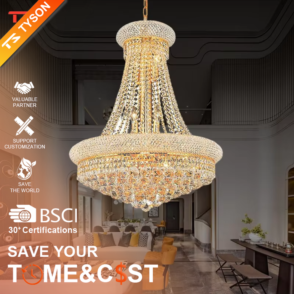 This is an European-style luxurious pyramid-shaped crystal chandelier, featuring a gold metal frame paired with multi-layer crystal strings and crystal pendants. Its shape resembles a brilliant palace dome, emitting gorgeous and dazzling light, serving both lighting and decorative purposes, suitable for villa high-ceiling living rooms, hotel lobbies, banquet halls, high-end clubs and other scenarios.