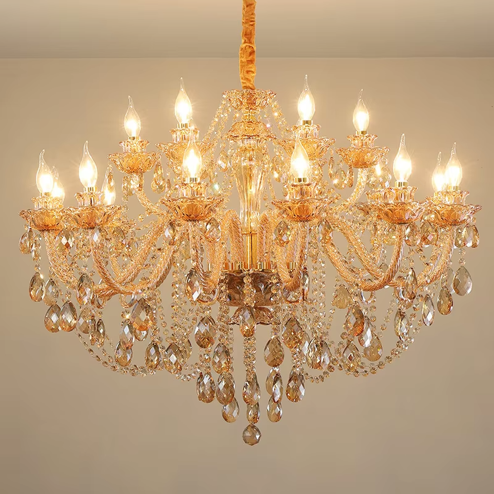 European-style luxury golden crystal chandelier, with amber multi-layer crystal pendants, off-white fabric lampshades and gold carved metal frames, providing warm and brilliant light, designed to enhance the luxurious atmosphere of spaces, suitable for high-end scenarios such as villa living rooms, hotel lobbies, and banquet halls