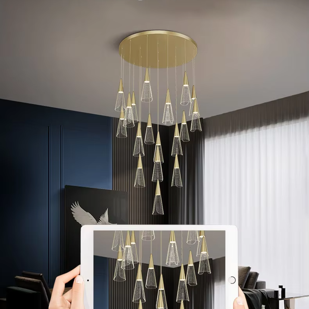 This is a modern minimalist staggered cone mesh chandelier, featuring a black metal base paired with multiple hollow mesh cone lampshades. It emits soft and transparent light, serving both lighting and decorative purposes, suitable for duplex staircases, light luxury living rooms, dining rooms, bars and other scenarios.