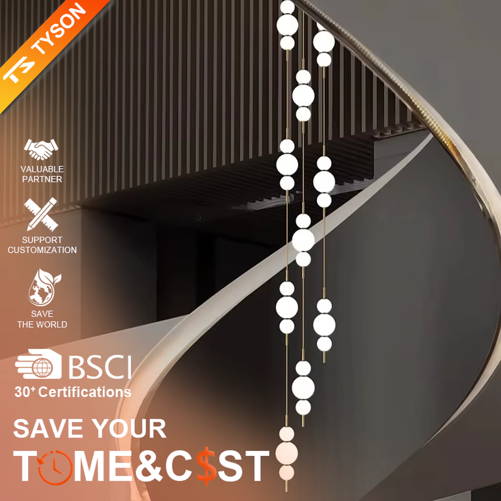 Nordic light luxury style staggered spherical chandelier, with gold metal suspension rods paired with milky white luminous bulbs, arranged in a cascading staggered layout. It emits soft and warm light, combining decorativeness and lighting function, suitable for core lighting and atmosphere creation in high-ceiling spaces such as duplex stairs, high-ceiling living rooms, and villa hollow areas.
