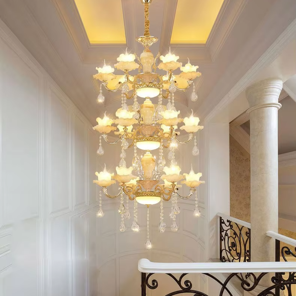 European court-style multi-tiered golden crystal chandelier, gold iron frame paired with high-transparency crystal pendants and milk-white glass lampshades, stacked tower shape, brilliant and luxurious light, designed to create a high-end and grand space atmosphere, suitable for large spaces such as villa high-ceiling living rooms, duplex buildings, European hotel lobbies, and clubs