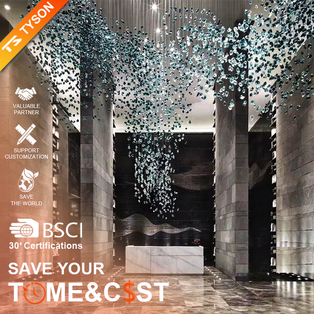 Gradient blue and white art engineering chandelier, crafted from transparent and turquoise crystal fragments to create a water-drop gradient shape, with transparent and brilliant light, designed to create a high-end artistic space atmosphere, suitable for large high-end scenarios such as hotel lobbies, sales office reception halls, and club high-ceiling spaces