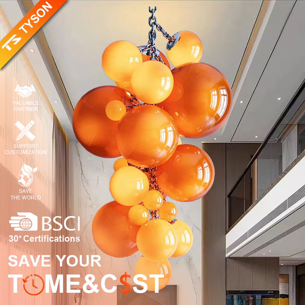 Artistic grape-cluster shaped chandelier, composed of hand-blown glass balls in a deep purple to black gradient, arranged in a cascading stacked structure. Light passes through the glass balls to create a transparent and brilliant effect, combining artistic decorativeness and lighting function, suitable for core decoration and ambient lighting in high-ceiling spaces such as duplex stairs, high-end clubs, and villa living rooms.
