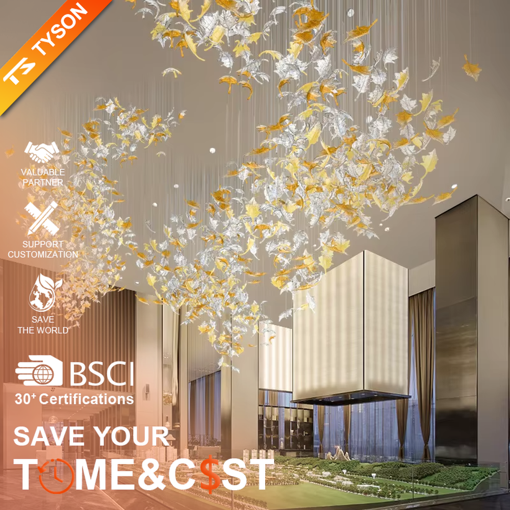 Modern art large chandelier, with leaf-shaped glass/acrylic in white to yellow-orange gradient as the main body, hanging in a suspended staggered manner, emitting transparent and brilliant light, combining artistic decorativeness and lighting function, suitable for core decoration and main lighting in large high-end spaces such as hotel lobbies, high-end clubs, and sales offices.
