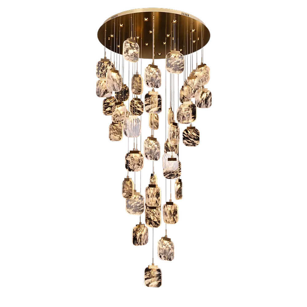This is a light luxury style duplex crystal chandelier, featuring a gold circular base paired with staggered and hanging marble-patterned crystal blocks. Light refracts through the crystals to create brilliant and luxurious lighting effects, serving both lighting and artistic decoration purposes, suitable for high-ceiling spaces such as villa high-ceiling living rooms, duplex voids, hotel lobbies, and spiral staircases.