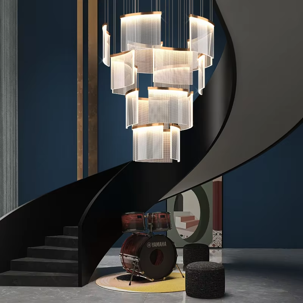 Modern light luxury multi-layer staggered rectangular cascading chandelier, with gold metal frames paired with semi-transparent textured lampshades, in a stacked floating shape, emitting soft and even light, combining artistic decorativeness and lighting function, suitable for core lighting and atmosphere creation in high-ceiling spaces such as duplex stairs, high-ceiling living rooms, and high-end clubs.