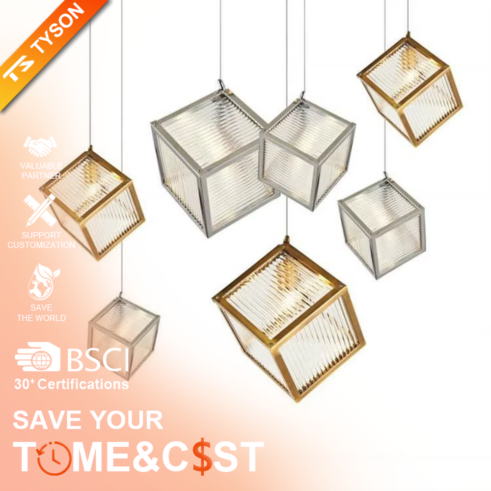 This light luxury minimalist cube chandelier features a gold metal frame with an embedded light-transmitting grid lampshade, using a floating suspension design, with a simple and exquisite shape, serving both lighting and decorative purposes, ideal for dining rooms, living rooms, modern light luxury homes and other scenarios.