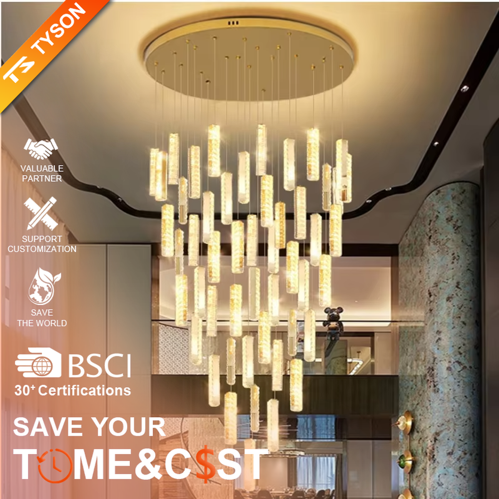 Modern light luxury crystal cylindrical multi-head cascading chandelier, with multiple groups of luminous crystal cylindrical lamp heads hanging staggered, emitting soft and transparent light, combining artistic decorativeness and lighting function, suitable for core lighting and atmosphere creation in high-ceiling spaces such as duplex stairs, villa hollow areas, and high-ceiling living rooms.