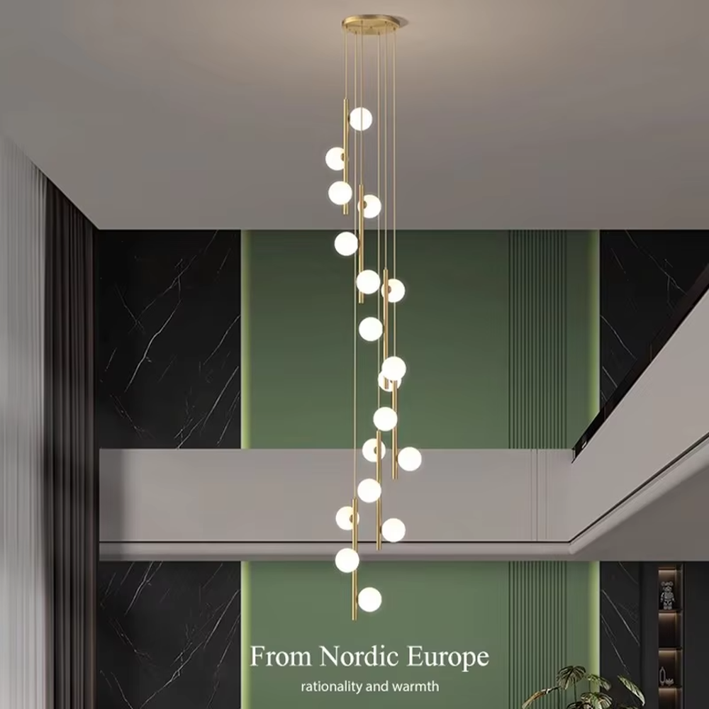 Nordic light luxury style staggered spherical chandelier, with gold metal suspension rods paired with milky white luminous bulbs, arranged in a cascading staggered layout. It emits soft and warm light, combining decorativeness and lighting function, suitable for core lighting and atmosphere creation in high-ceiling spaces such as duplex stairs, high-ceiling living rooms, and villa hollow areas.
