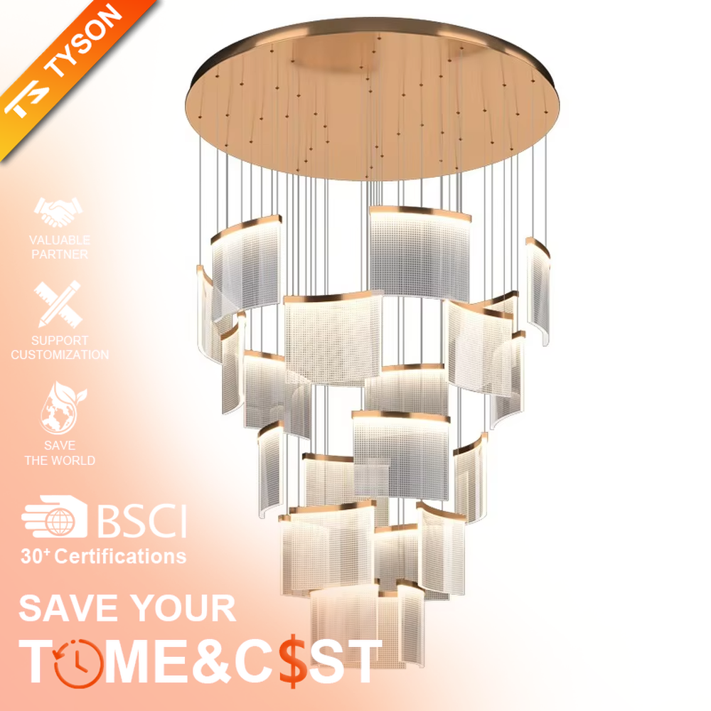 Modern light luxury multi-layer staggered rectangular cascading chandelier, with gold metal frames paired with semi-transparent textured lampshades, in a stacked floating shape, emitting soft and even light, combining artistic decorativeness and lighting function, suitable for core lighting and atmosphere creation in high-ceiling spaces such as duplex stairs, high-ceiling living rooms, and high-end clubs.