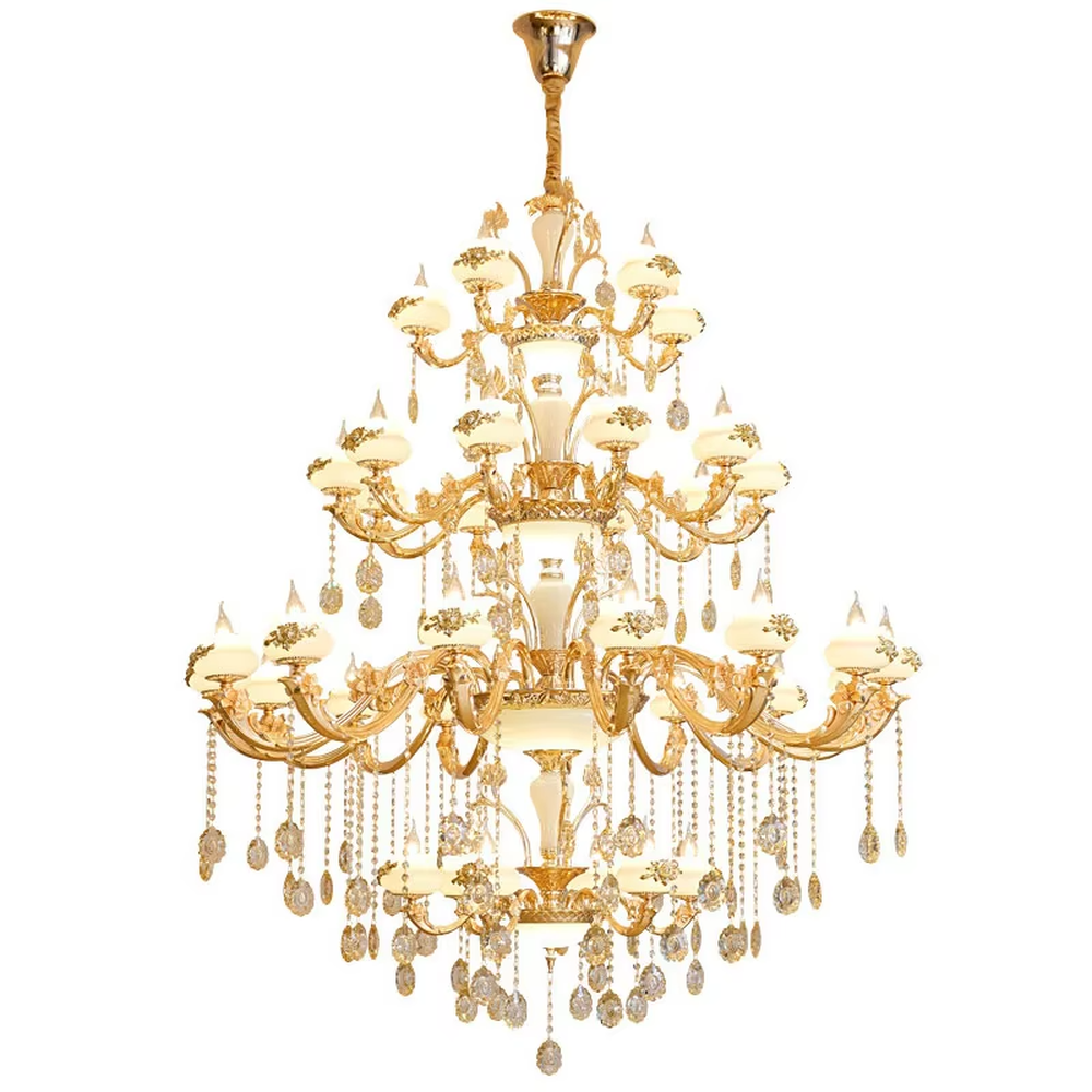 European court-style multi-tiered golden crystal chandelier, gold iron frame paired with high-transparency crystal pendants and milk-white glass lampshades, stacked tower shape, brilliant and luxurious light, designed to create a high-end and grand space atmosphere, suitable for large spaces such as villa high-ceiling living rooms, duplex buildings, European hotel lobbies, and clubs