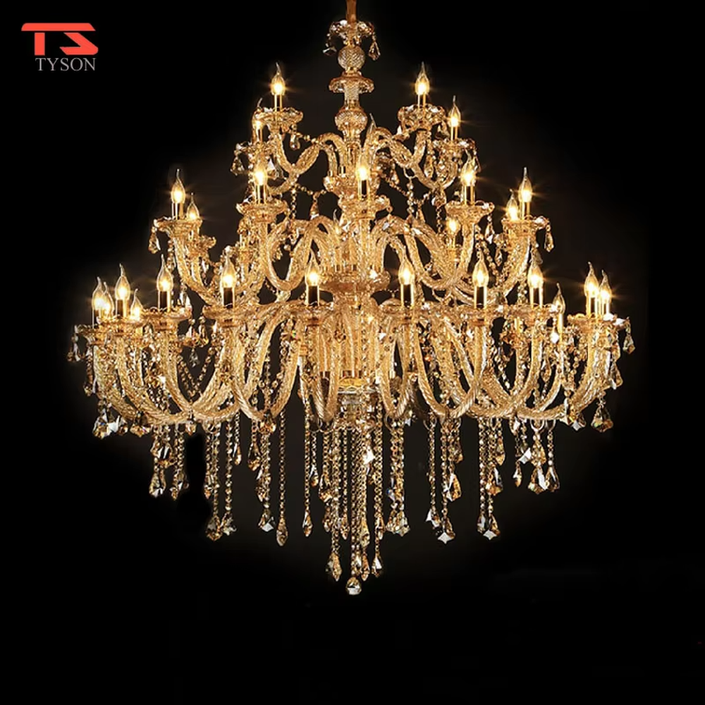 European palace-style luxury multi-layer crystal chandelier, featuring a gold-plated metal frame paired with transparent crystal pendants and candlestick-shaped lamp heads. It emits brilliant and dazzling light, combining artistic decorativeness and lighting function, suitable for core decoration and main lighting in large high-end spaces such as villa living rooms, hotel lobbies, and banquet halls.