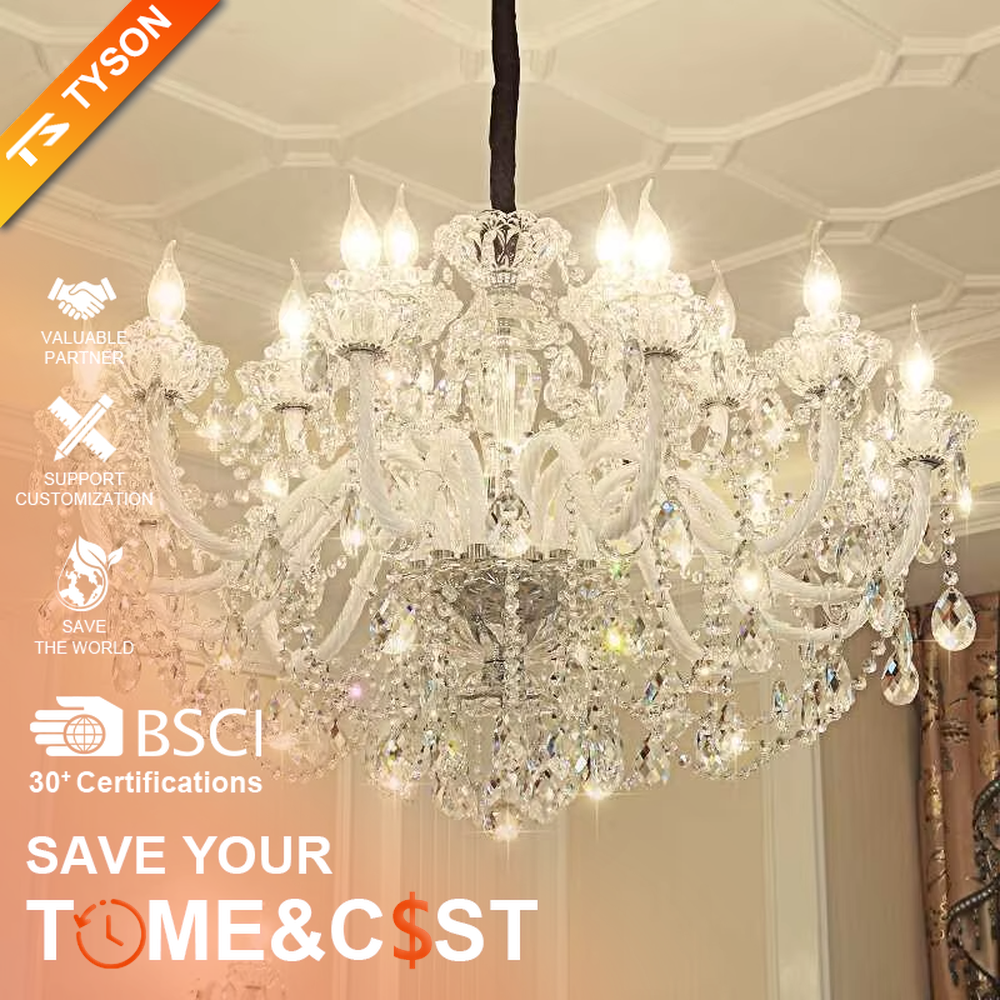 European-style luxury golden crystal chandelier, with amber multi-layer crystal pendants, off-white fabric lampshades and gold carved metal frames, providing warm and brilliant light, designed to enhance the luxurious atmosphere of spaces, suitable for high-end scenarios such as villa living rooms, hotel lobbies, and banquet halls