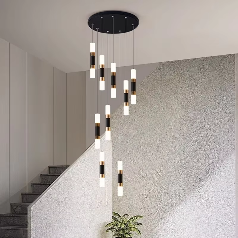 Modern light luxury black-gold multi-head cascading chandelier, with black-gold metal spliced lamp bodies paired with white luminous cylindrical lamp heads, arranged in a staggered hanging layout on a circular black base, emitting soft and even light, combining decorativeness and practicality, suitable for core lighting and atmosphere creation in high-ceiling spaces such as duplex stairs, high-ceiling living rooms, and villa hollow areas.