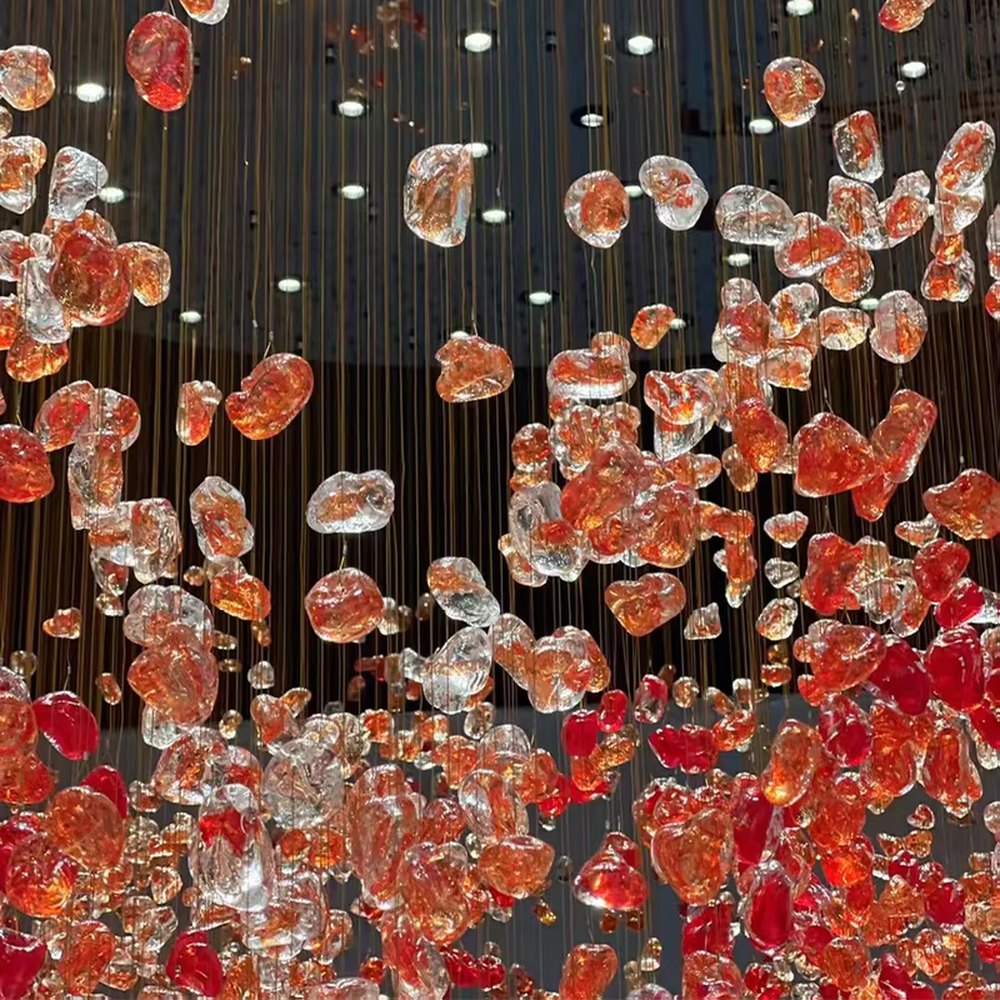 Art pink crystal cluster chandelier (hanging crystals + warm light), warm light effect, creating a romantic and brilliant atmosphere for high-end public spaces.