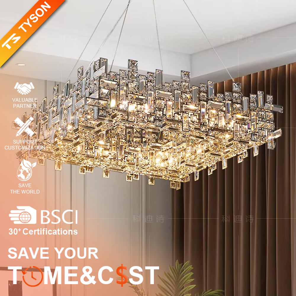 This is a modern luxurious rectangular crystal block combination chandelier, composed of a large number of transparent cut crystal blocks irregularly spliced into a rectangular shape, paired with a metal frame. The light through the crystals is brilliant and bright, creating a high-end modern luxurious atmosphere.
