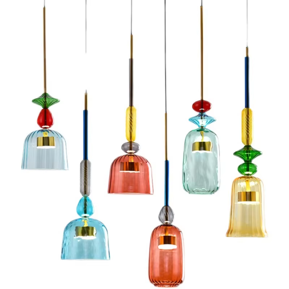 Retro colorful glass bell chandelier (multi-color combination), warm light effect, creating a lively and fresh artistic space atmosphere.