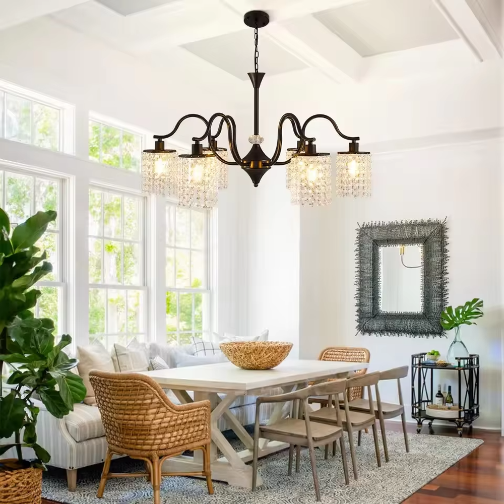 This is a luxury retro-style branch chandelier with a golden frame and six crystal lampshades, featuring an elegant and grand design that shines brilliantly under light. It is used for space lighting and decoration, creating a luxurious and warm ambiance. It is suitable for luxury-style home bedrooms, living rooms, high-end homestay guest rooms, retro-style restaurants and other places.