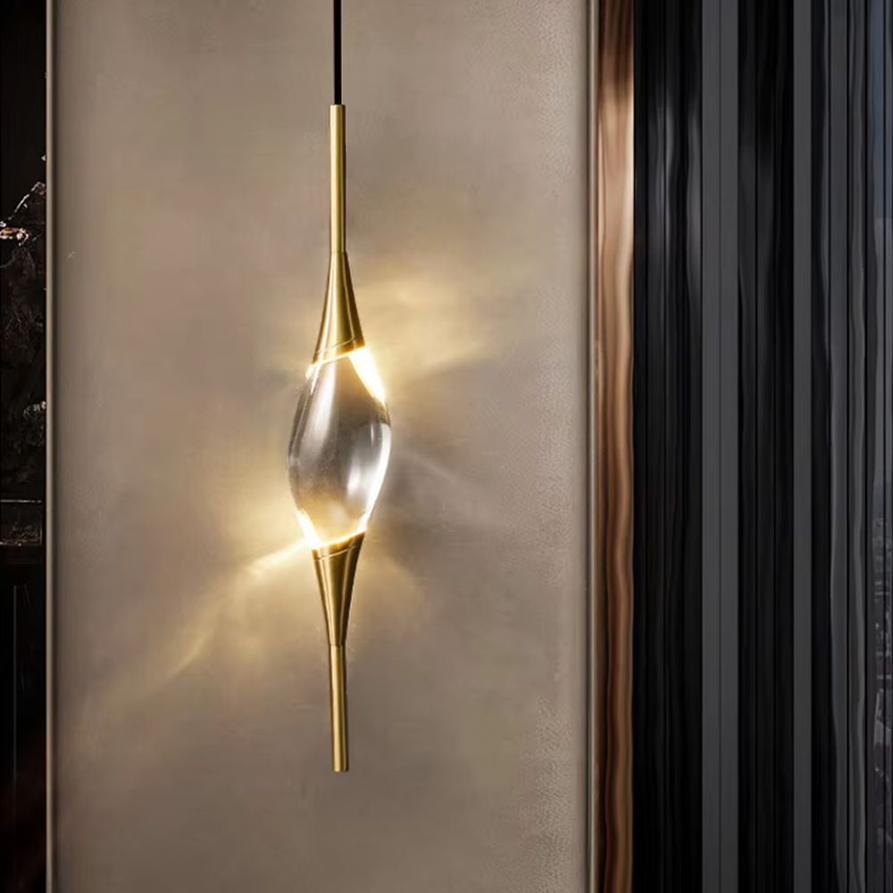 Light luxury gold-decor water-drop glass hanging lamp, golden metal trim + transparent water-drop glass main body, warm light with soft halo, creating a high-end artistic light luxury atmosphere.