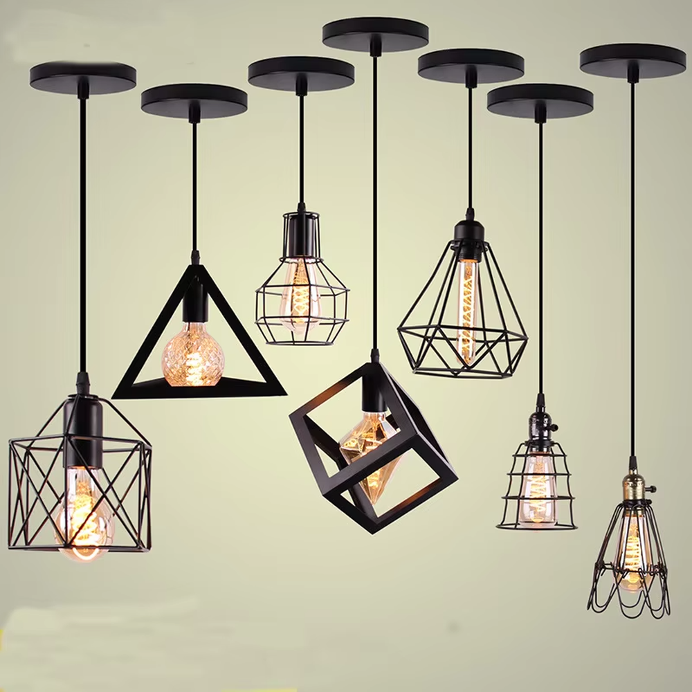 Industrial style iron mesh chandelier set, with black metal frames and pink/white cement texture tops, embedded with retro Edison bulbs, available in multiple shapes, designed to enhance the personalized atmosphere of spaces, suitable for restaurant bars, coffee shops, industrial style home and commercial spaces