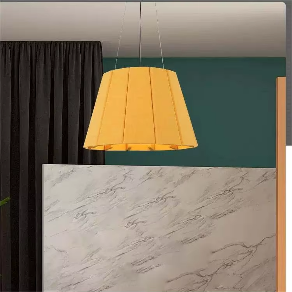 Elegant grand-style red pleated fabric hanging chandelier, black suspension rod + ceiling plate, soft and warm lighting, creating an exquisite elegant atmosphere.