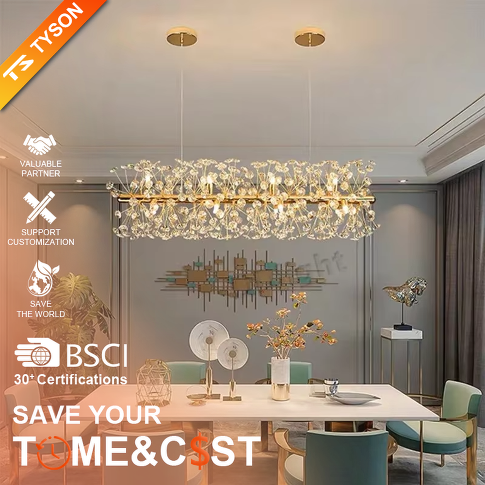 Light luxury oval dandelion-shaped golden frame crystal chandelier, warm light effect, creating an exquisite artistic space atmosphere.