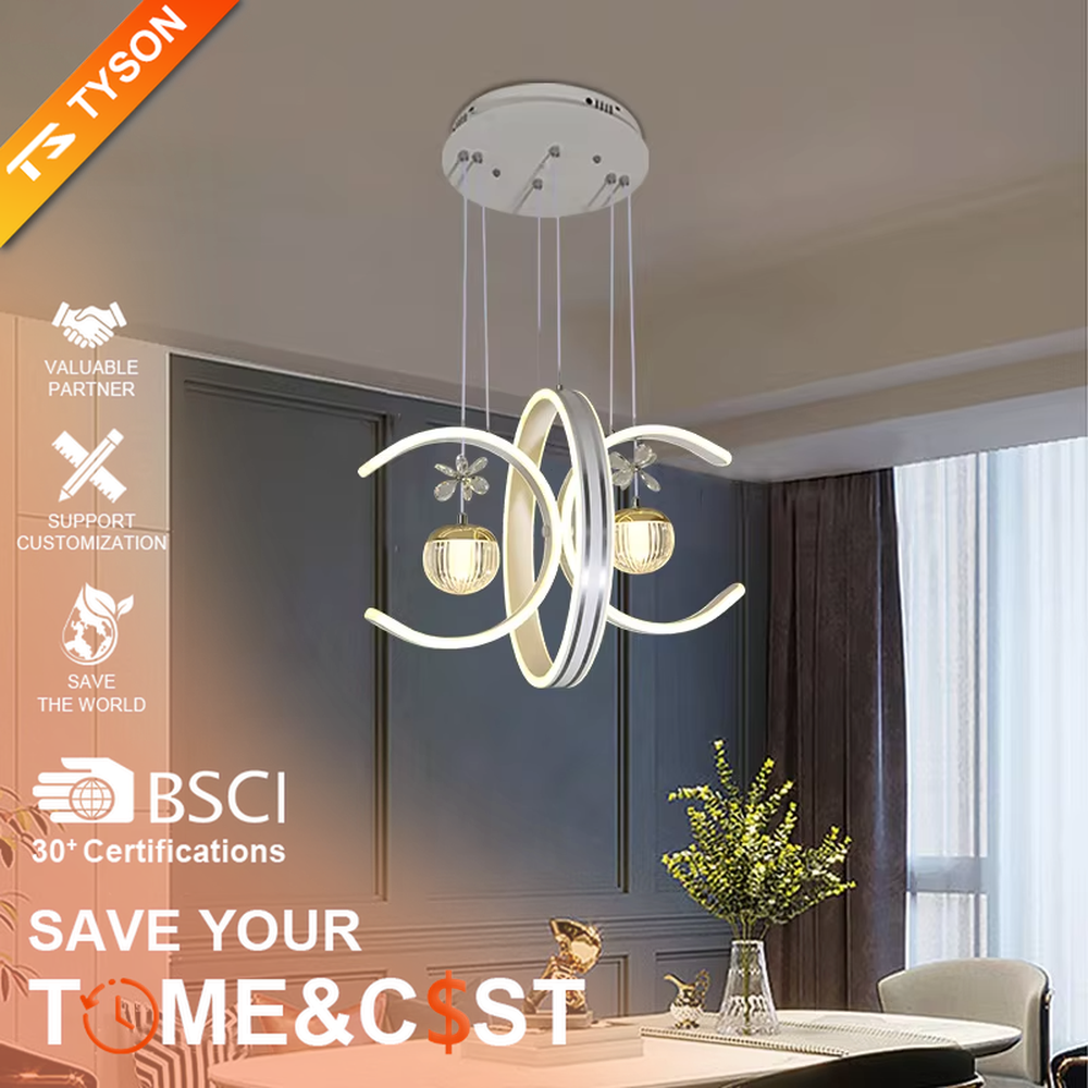 This modern light luxury chandelier features interlaced ring-shaped LED bodies and spherical crystal lamp shades with dragonfly decorations. It has smooth, layered lines, serves both lighting and decorative purposes, and is ideal for modern home spaces like dining rooms and living rooms, as well as light luxury commercial venues.
