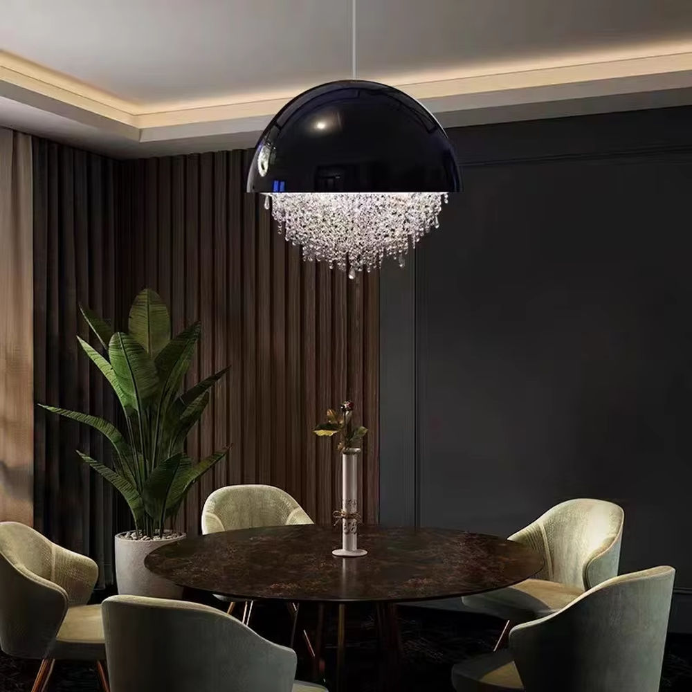 This modern light luxury hemispherical chandelier features a white metal upper cover, with dense crystal decorations along the lower edge like a falling waterfall. It serves both lighting and decorative purposes, ideal for dining rooms, living rooms, light luxury commercial spaces and other scenarios.