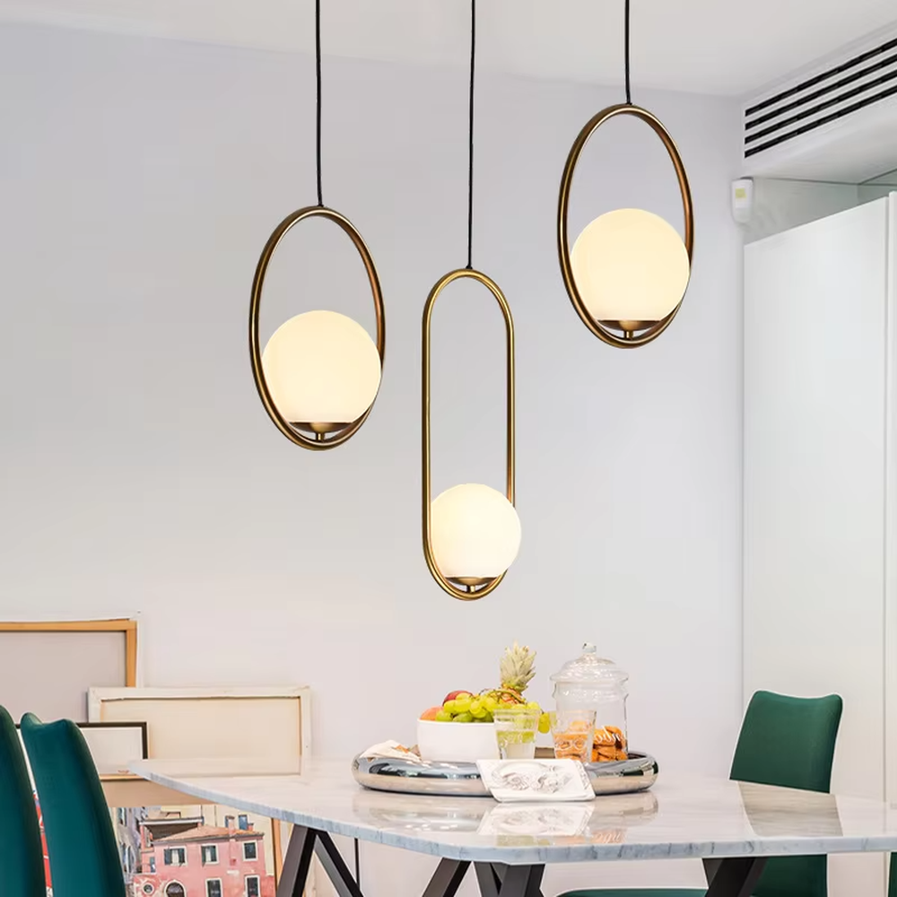 Minimalist gold ring glass ball chandelier (double-set model + warm light), warm light effect, creating a simple and high-end light luxury home atmosphere.
