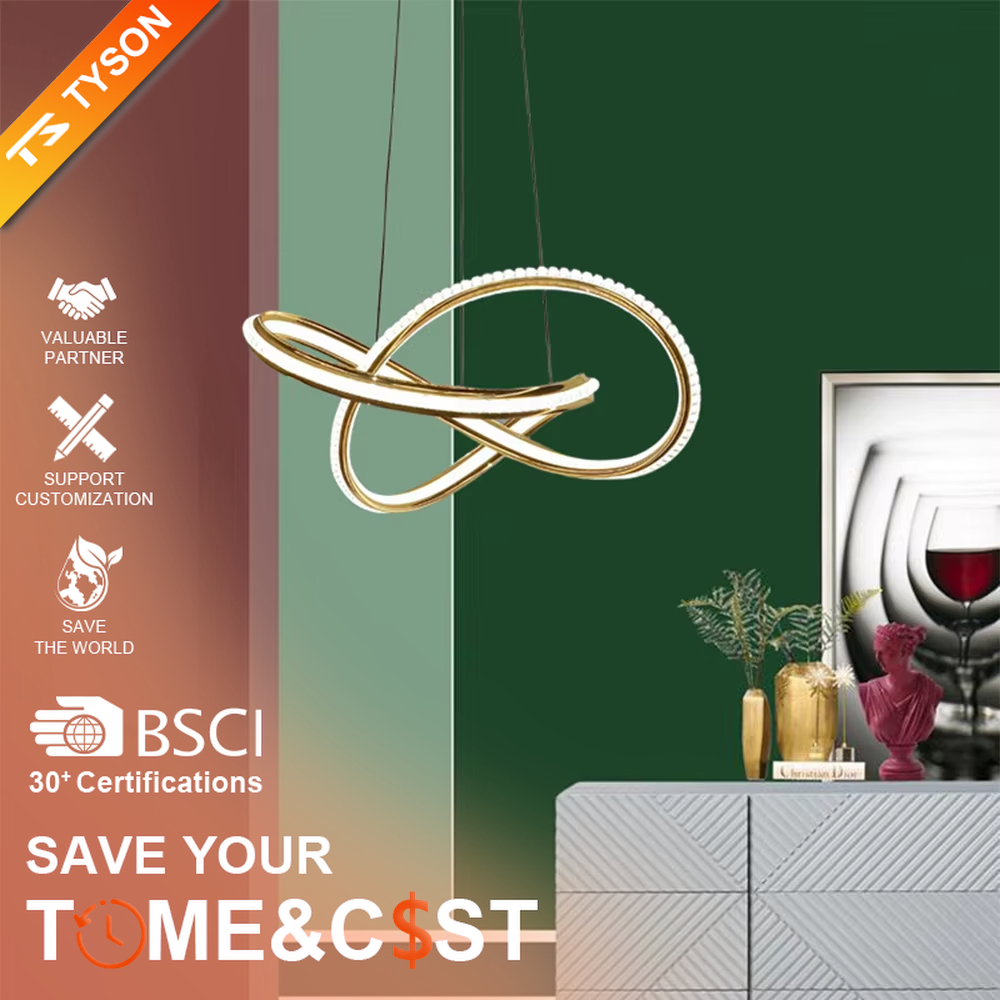 This is a modern artistic golden crossed ring chandelier, with a golden metal crossed ring structure and embedded crystal elements, featuring a minimalist and grand design, brilliant lighting. It is used for space lighting and decoration, creating a modern luxurious atmosphere. Suitable for modern minimalist living rooms, high-end creative restaurants, designer studios and other places.