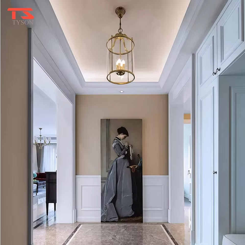 Light luxury golden metal cage-style glass cover candelabra chandelier, golden frame + transparent cylindrical glass cover + candle-shaped bulbs, soft warm light, creating a vintage light luxury atmosphere.