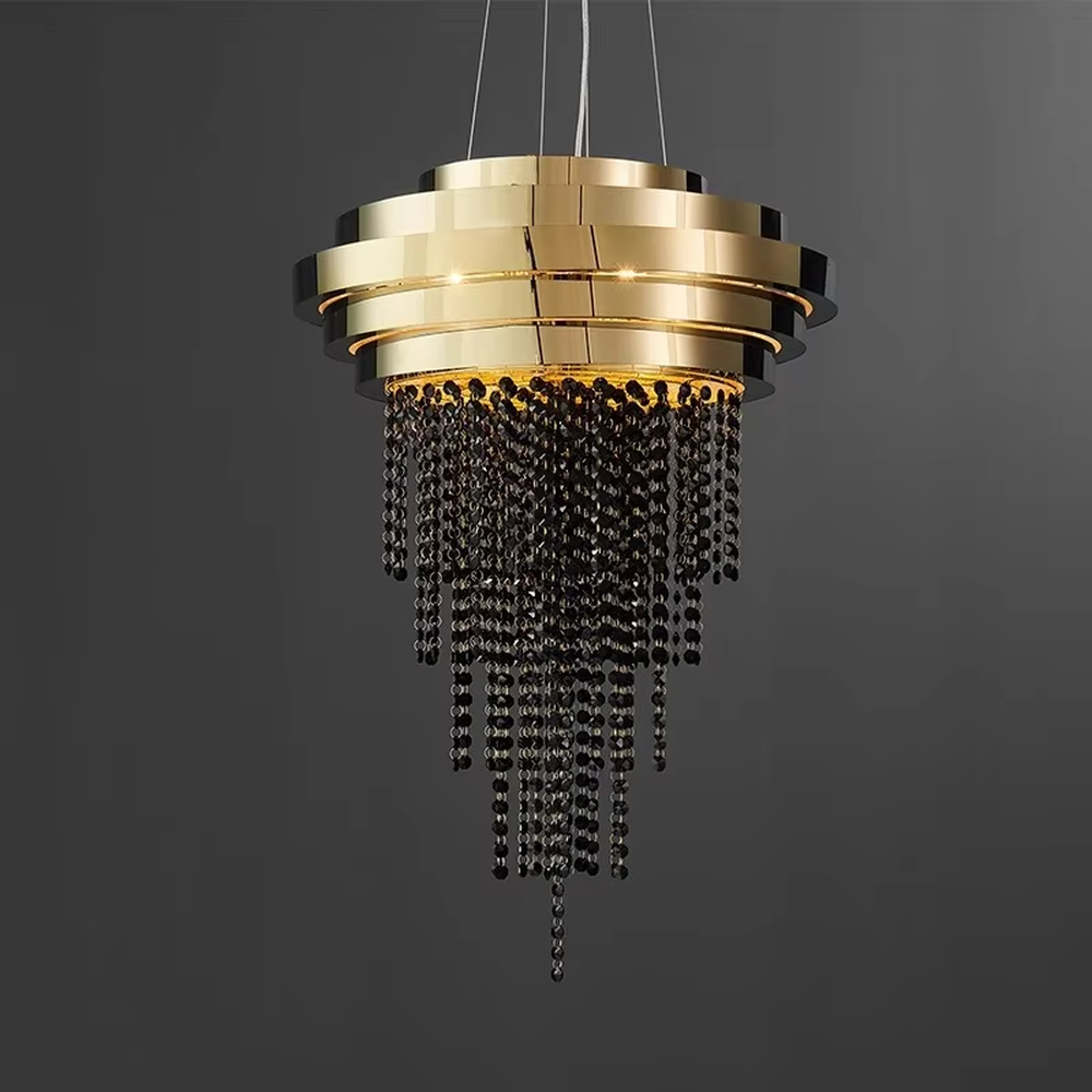 Modern light luxury gold-top black crystal string chandelier, golden multi-layer ring top + black crystal string decoration, brilliant and high-end lighting, creating a luxurious texture space atmosphere.