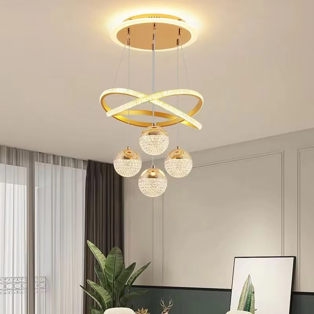 Light luxury double-ring crystal chandelier (black ring + crystal light strip + diamond-pattern glass balls), warm light effect, creating a stylish and luxurious home atmosphere.