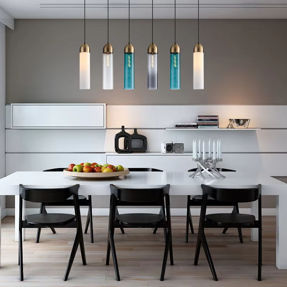 Modern minimalist multi-color glass cylinder chandelier (gold/black top trim), warm light effect, creating a fresh and versatile minimalist space atmosphere.