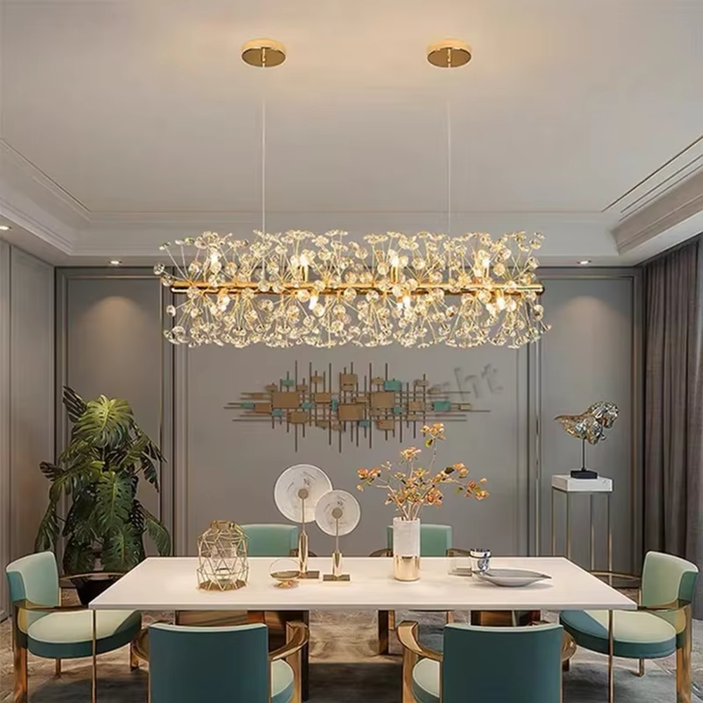 Light luxury dandelion-shaped golden frame crystal ball chandelier, warm light effect, creating an exquisite artistic space atmosphere.