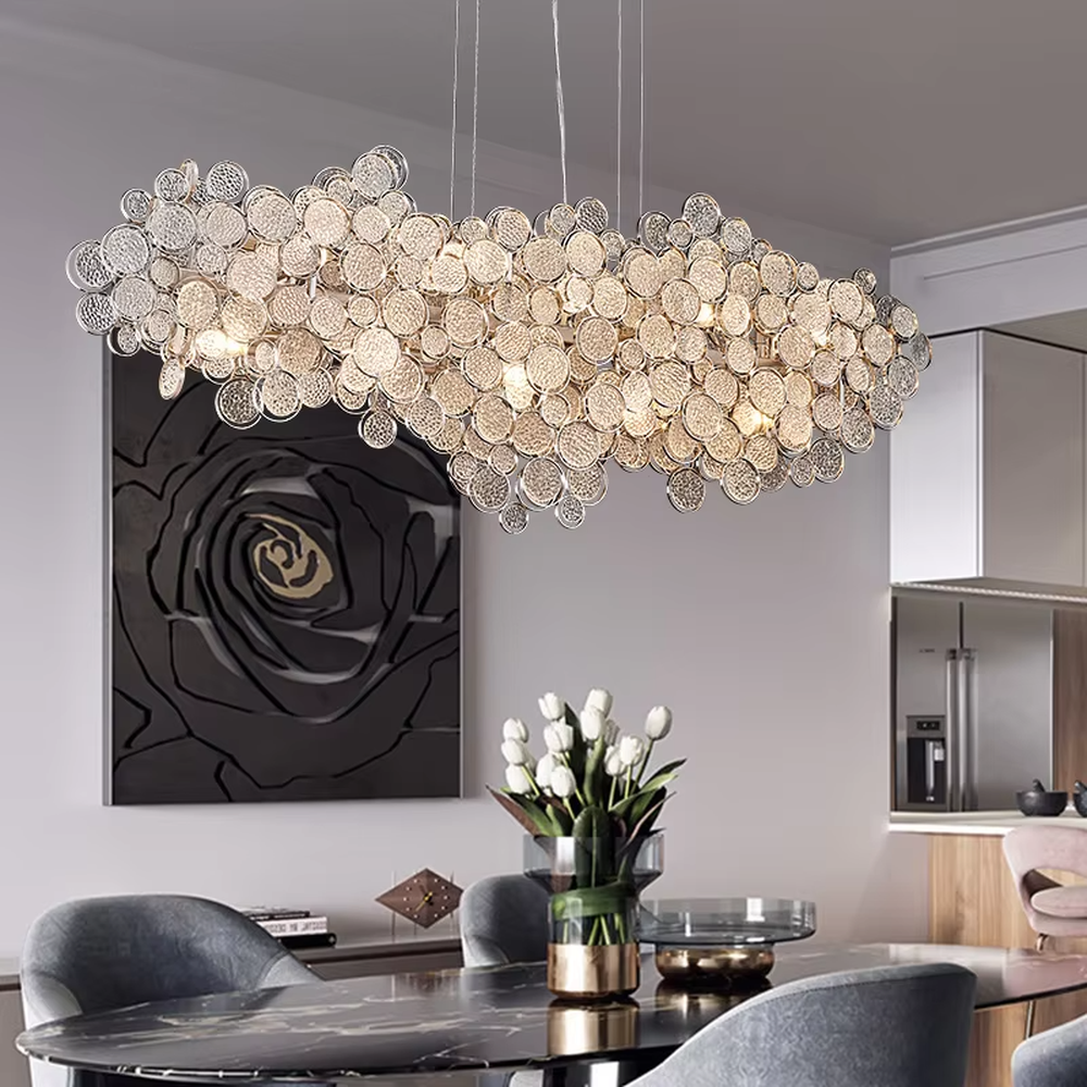 Modern art light luxury bubble cluster textured disk long chandelier, translucent textured disks + warm light effect, creating a flexible artistic light luxury atmosphere.