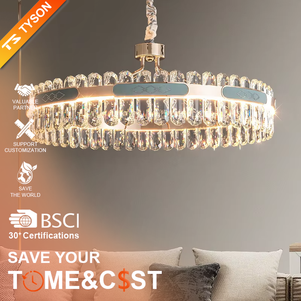 Light luxury circular crystal chandelier, golden metal frame paired with transparent crystals and blue-green decorative blocks, brilliant and gorgeous lighting, creating a high-end light luxury atmosphere.