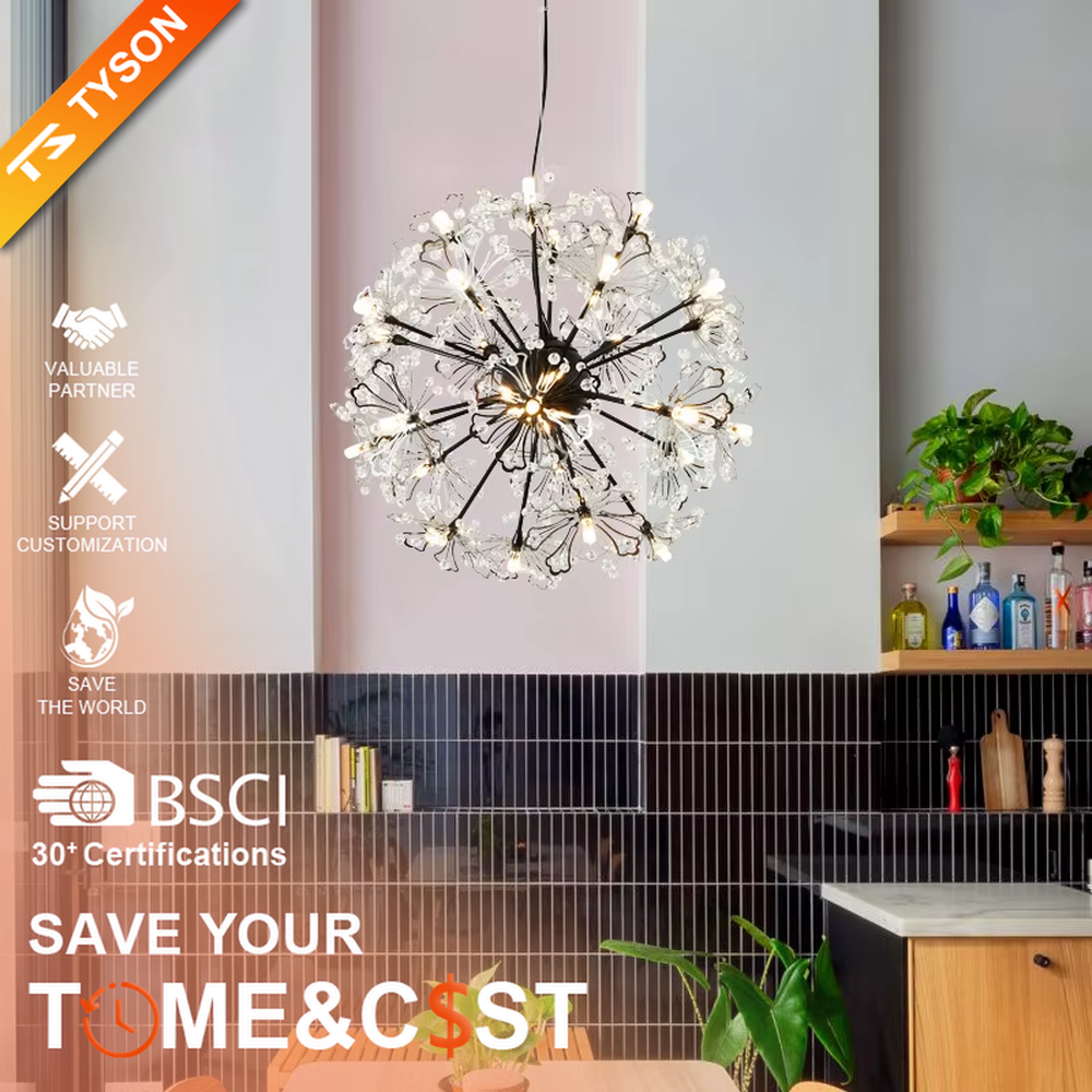 Art flower cluster bar chandelier (black frame + crystal flower clusters + warm light), warm light effect, creating a dynamic and exquisite light luxury home atmosphere.